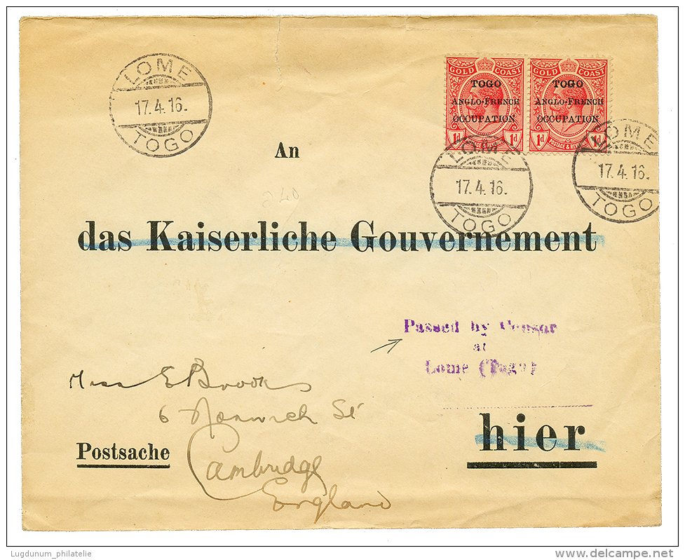 1916 ANGLO-FRENCH OCCUPATION 1d(x2) Obl. LOME TOGO + CENSOR Sur Env. Pour L'ALLEMAGNE. TTB. - Other & Unclassified