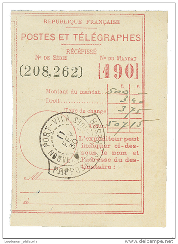 1930 Cachet Rarissime PORT-VILA / NOUVELLES HEBRIDES/ PREPOSE DU TRESOR Sur RECEPISSE De MANDAT. Seule Piece Connue &agr - Autres & Non Classés