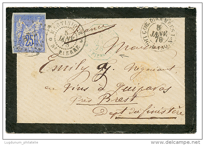 1878 CG 25c SAGE Obl. ST PIERRE + Cachet Rare CORR. D'ARMEES ST PIERRE MQE + Cachet Maritime CORR. D'ARMEES LIG. B PAQ N - Autres & Non Classés