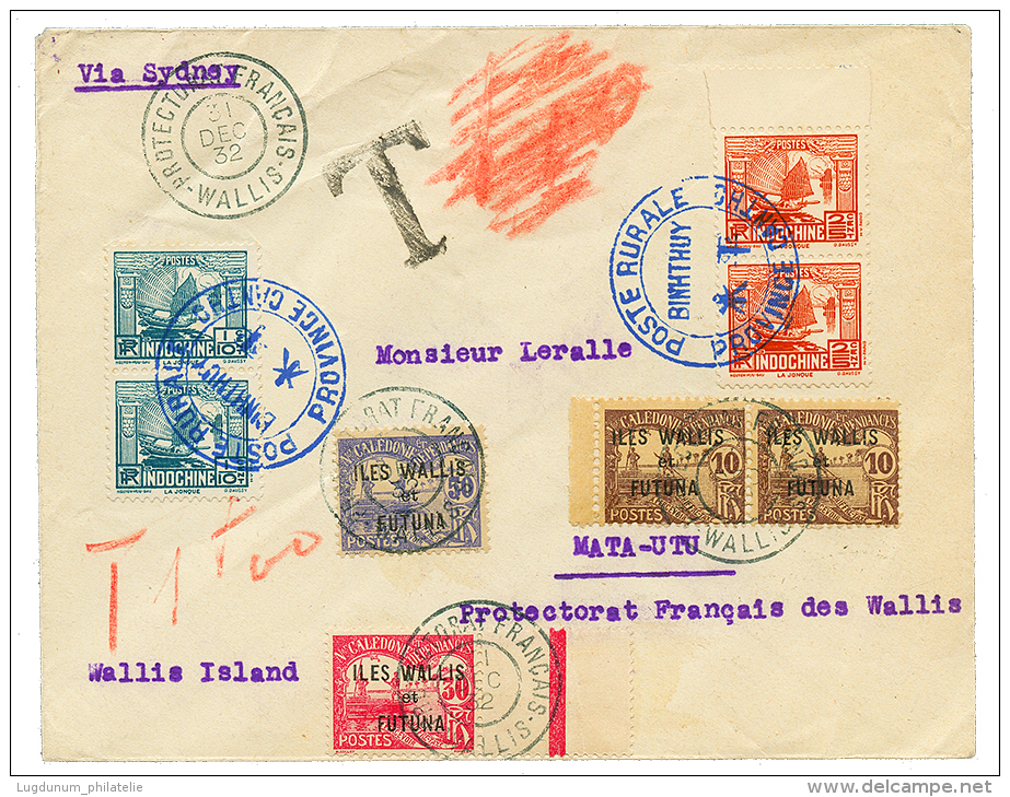 1932 INDOCHINE 10c(x2)+ 25c(x2) Obl. POSTE RURALE/BINHTHUY/PROVINCE CANTHO Sur Enveloppe Pour MATA-UTU(ILES WALLIS) Tax& - Sonstige & Ohne Zuordnung