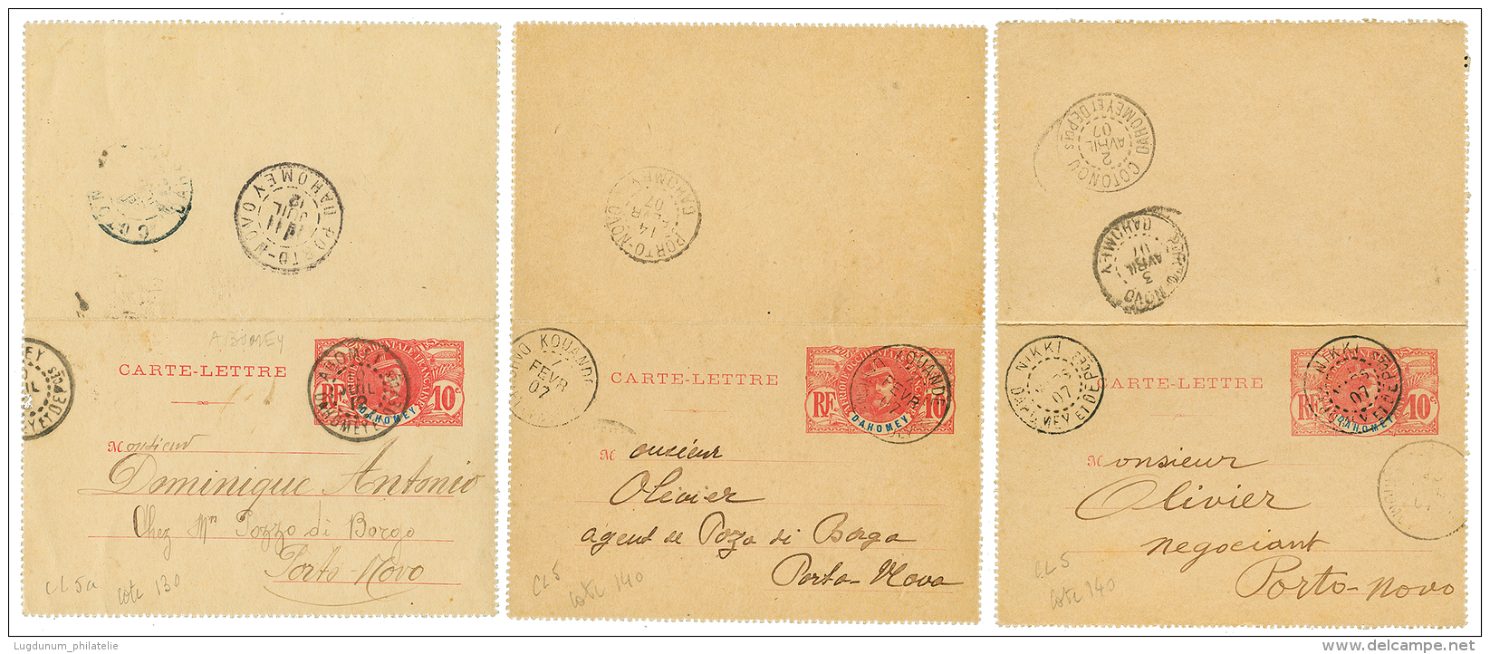1907/12 Lot 3 Entiers &agrave; 10c Obl. NIKKI, KOUANDE, ABOMEY Pour PORTO-NOVO. RARE. TTB. - Other & Unclassified
