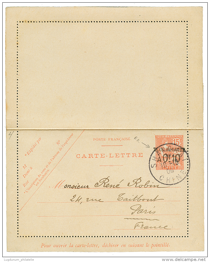 1906 Entier 0f10 TAXE REDUITE S/ 15c Obl. SHANGHAI CHINE Pour PARIS. Rare Avec Texte Complet Non Philat&eacute;lique. TB - Autres & Non Classés