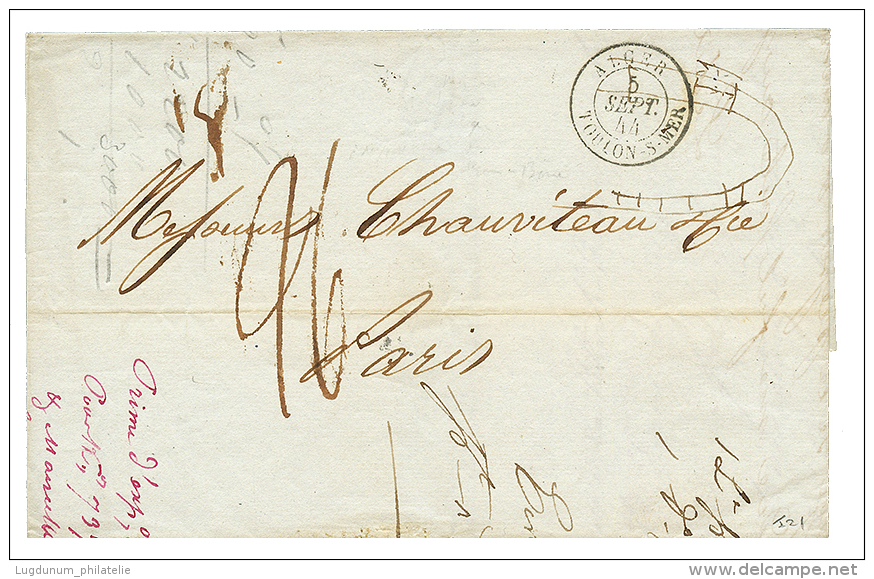 1844 Cachet Maritime Rare ALGER TOULON-S-MER + Taxe 26 Sur Lettre D'ALGER Pour PARIS. Indice 21. TTB. - Other & Unclassified