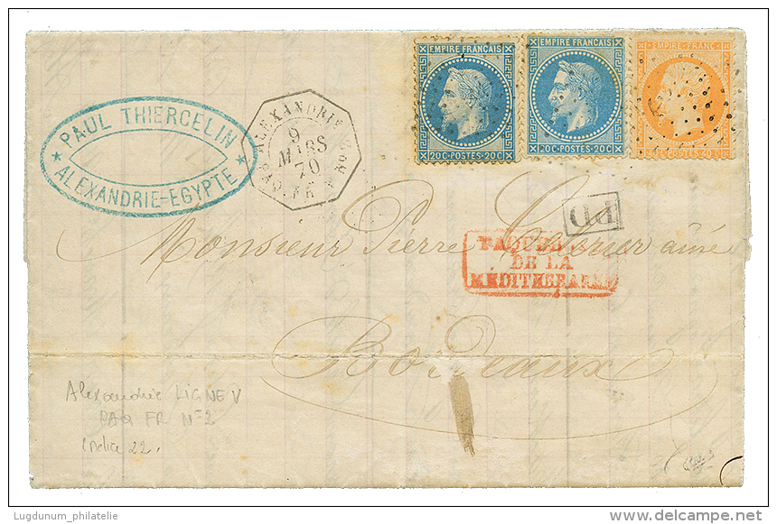 1870 20c(x2)+ 40c Obl. ANCRE + ALEXANDRIE PAQ FR V N&deg;2 Sur Lettre Avec Texte Pour La FRANCE. TB. - Other & Unclassified