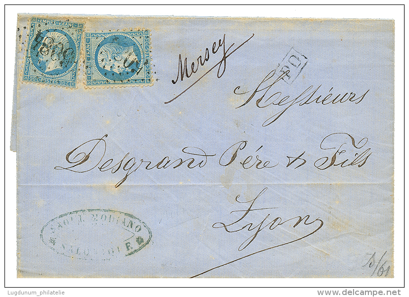 Marque Manuscrite "MERSEY" : 1868 20c(n&deg;22)x2 Obl. GC 5084 + "MERSEY" Manuscrit Sur Lettre Avec Texte De SALONIQUE P - Other & Unclassified