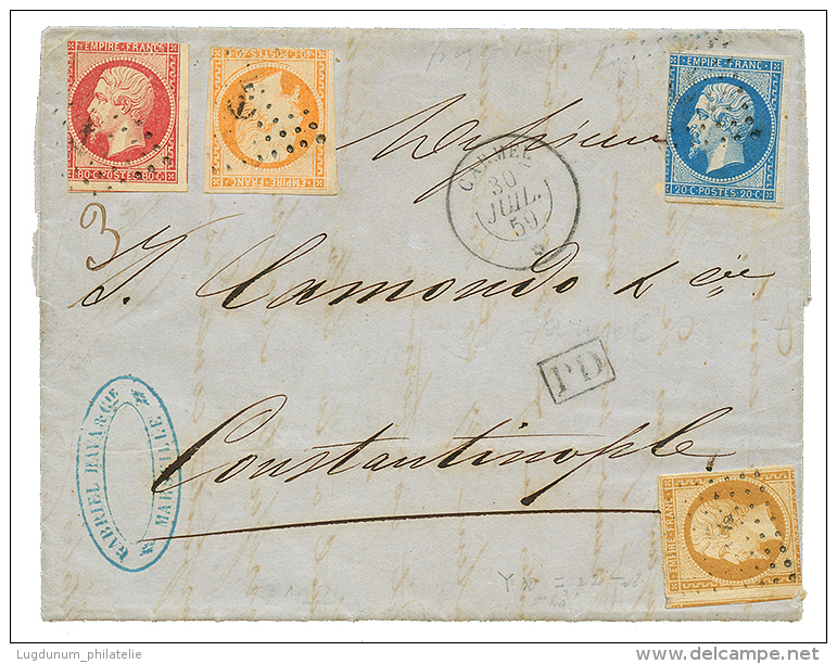 1859 10c+ 20c+ 40c+ 80c Obl. ANCRE + CARMEL 30 Juil 59 Pour CONSTANTINOPLE. Timbres Touch&eacute;s. TB. - Other & Unclassified