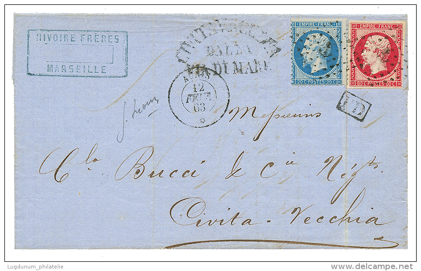 "AUNIS" : 1863 Mixte 80c NON DENTELE (n&deg;17) + 20c DENTELE(n&deg;22) Obl. ANCRE + AUNIS 12 Fev. 63 Sur Lettre De MARS - Other & Unclassified