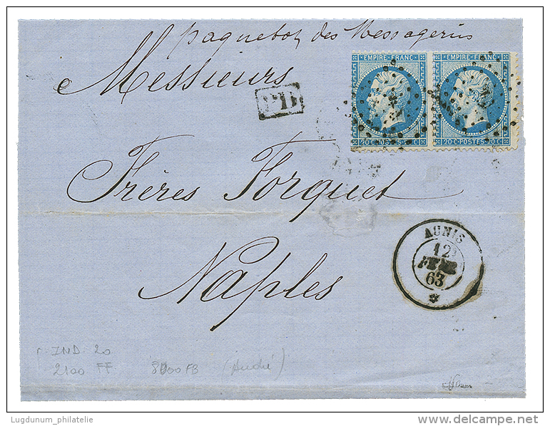 1863 Paire 20c(n&deg;22) Obl. ANCRE + AUNIS 12 Fev 63 Sur Lettre De MARSEILLE Pour NAPLES. TTB. - Other & Unclassified