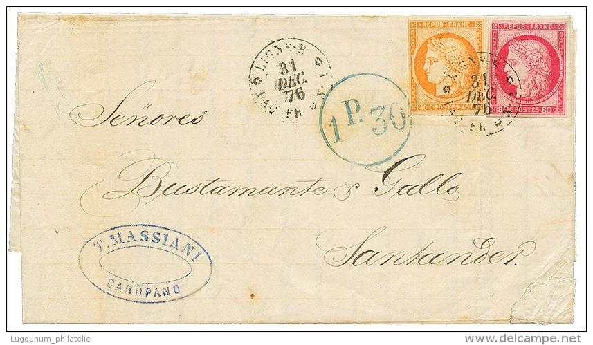 1876 COLONIES GENERALES 40c + 80c CERES Obl. LIGNE B PAQ FR N&deg;1 Sur Lettre Avec Texte De CARUPANO(VENEZUELA) Pour SA - Sonstige & Ohne Zuordnung