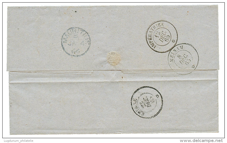 "OBLITERATIONS TRIPLES - OCEAN INDIEN" : 1865 IMPERATRICE + MEINAM + EMIRNE Au Verso D'une Lettre Avec Texte De PONDICHE - Other & Unclassified
