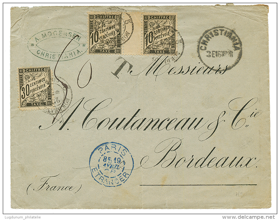 1898 TAXE Paire 10c Avec INTERPANNEAU + 30c Obl. BORDEAUX Sur Env. De CHRISTIANIA (NORVEGE). TB. - Altri & Non Classificati