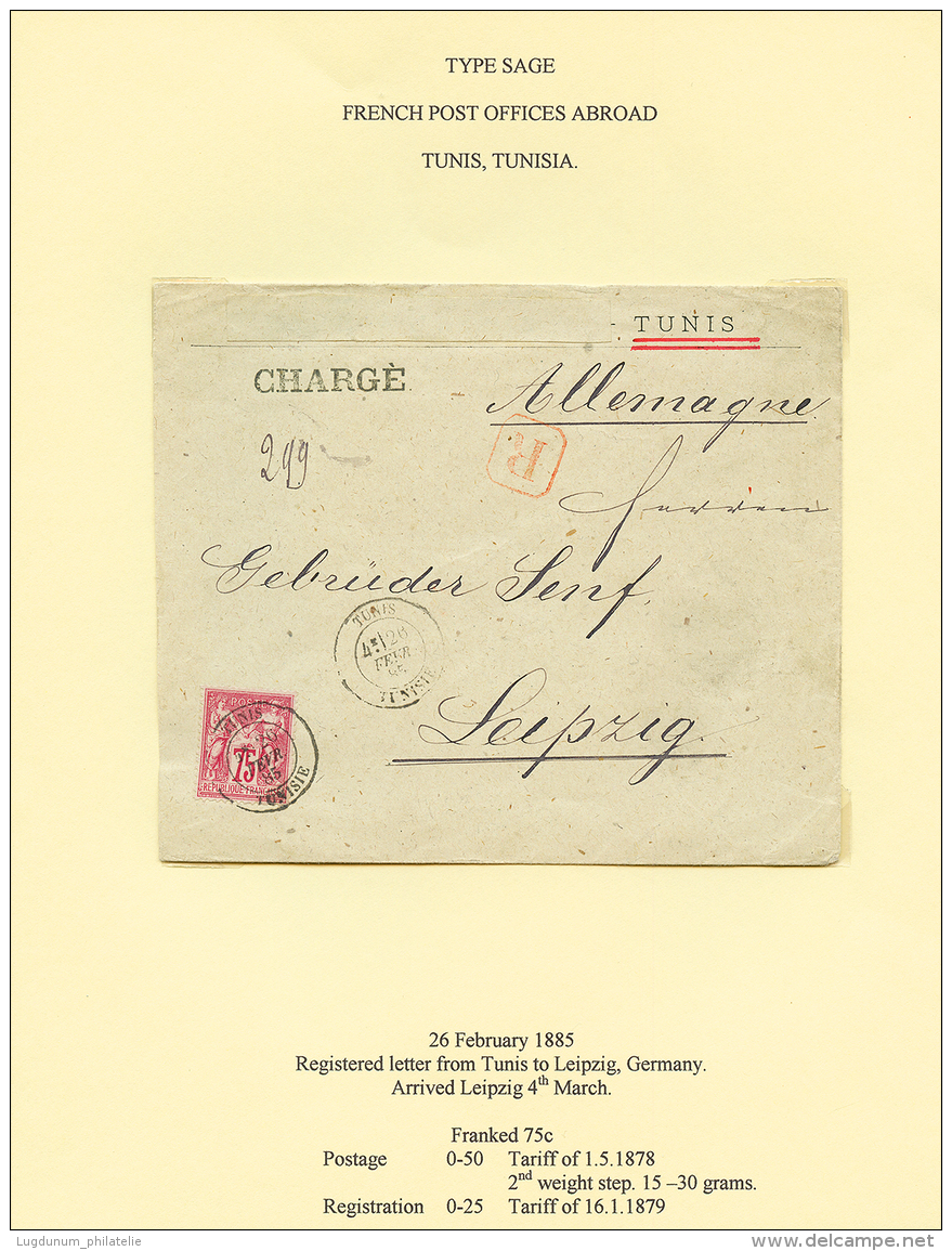 TUNIS : 1885 75c SAGE (n&deg;71) Obl. TUNIS TUNISIE + CHARGE Sur Env. RECOMMANDEE Pour L' ALLEMAGNE. Utilisation Rare De - Other & Unclassified