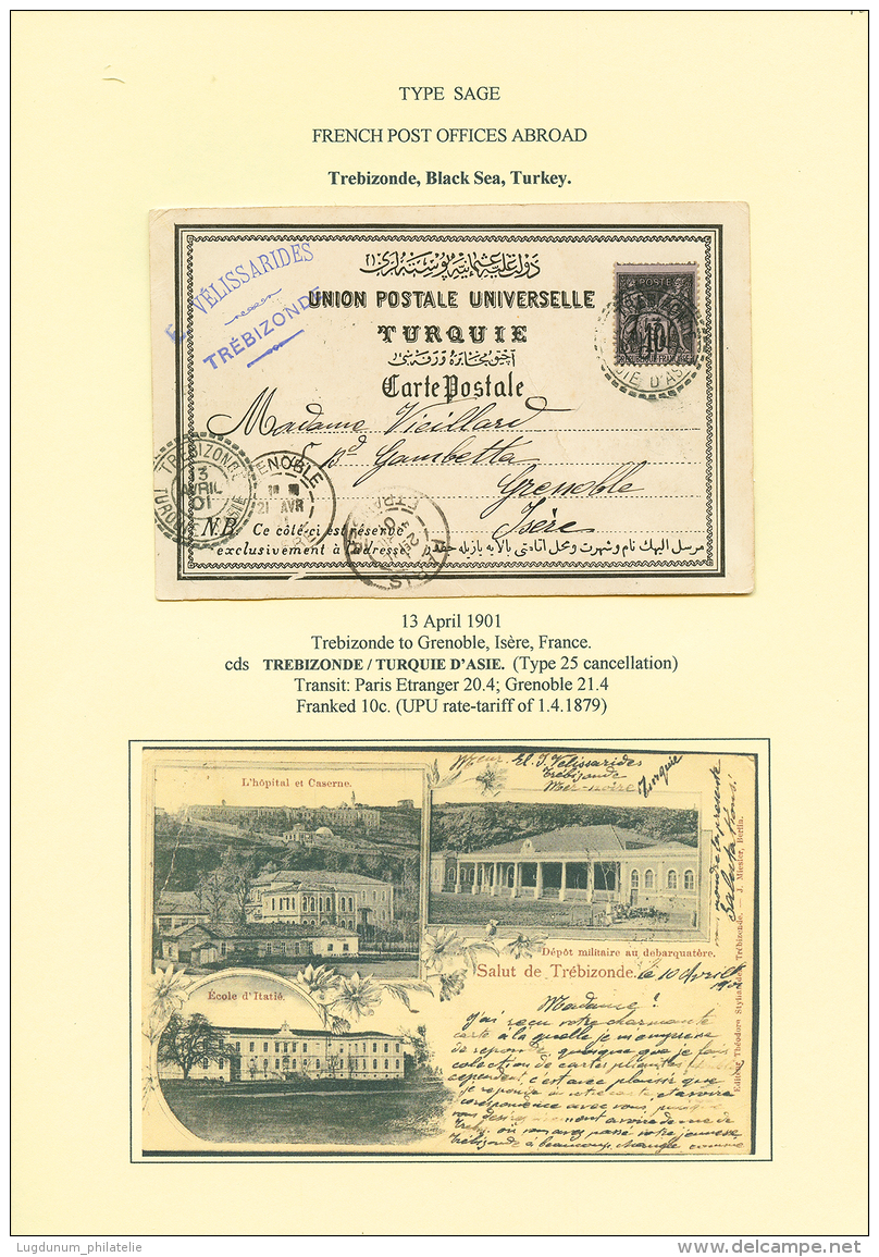 TREBIZONDE : 1901 10c Sage Obl. TREBIZONDE Sur Carte Pour La FRANCE. TB. - Autres & Non Classés