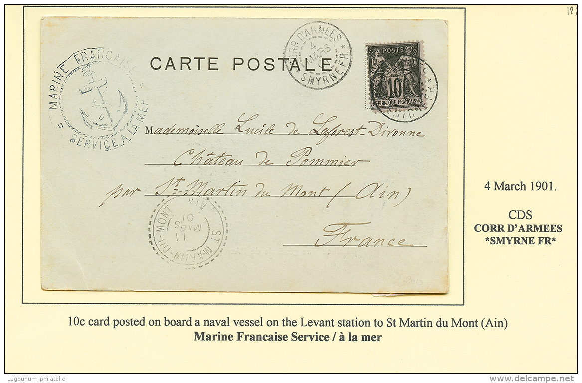 CORRESPONDANCE D'ARMEES SMYRNE : 1901 10c Obl. CORR. D'ARMEES SMYRNE FR Sur Carte Pour La FRANCE. TB. - Other & Unclassified