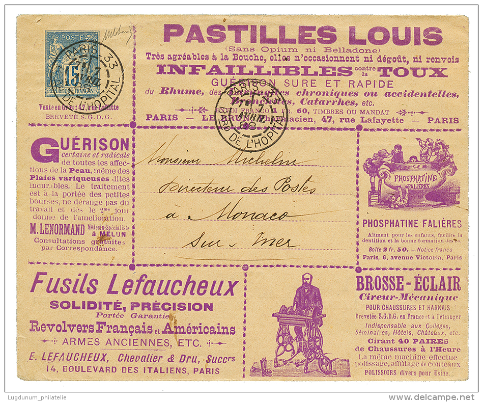 1888 Entier PUBLICITAIRE (PASTILLES LOUIS) &agrave; 15c Obl. PARIS Pour MONACO. TTB. - Autres & Non Classés