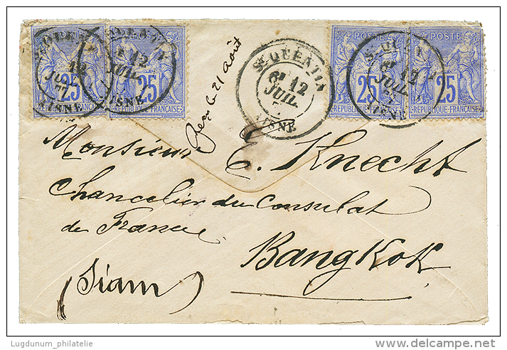 "Tarif PRE U.P.U Pour Le SIAM" : 1877 25c SAGE(x4) Un Ex. Pd Obl. ST QUENTIN Sur Enveloppe Pour BANGKOK (SIAM). Verso, S - Autres & Non Classés