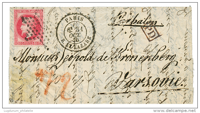 "BALLON MONTE Pour La POLOGNE" : 1870 80c(n&deg;32) Obl. Etoile + PARIS 31 Oct 70 Sur Lettre Exp&eacute;di&eacute;e Par - Other & Unclassified