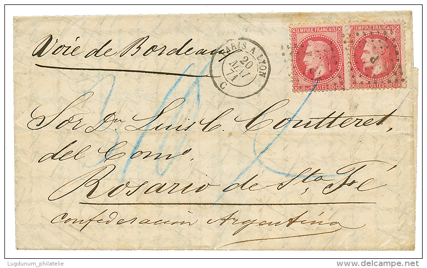 1871 80c(n&deg;32)x2 Obl. Ambulant + PARIS A LYON C Sur Lettre Pour ROSARIO ARGENTINE. TTB. - Other & Unclassified