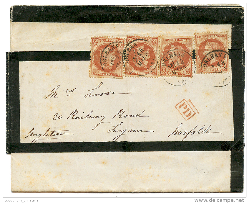 "Affrt &agrave; 8c Pour L'ANGLETERRE" : 1869 2c(n&deg;26)x4 Obl. T.16 ORLEANS Sur Bande Avec IMPRIME Complet Pour NORFOL - Other & Unclassified