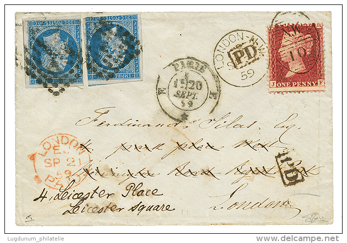 1859 20c(n&deg;14)x2 Pd Sur Enveloppe De PARIS Pour LONDRES R&eacute;exp&eacute;di&eacute;e Avec Un Timbre ANGLAIS &agra - Other & Unclassified