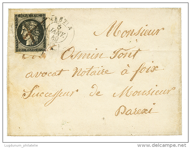 CORSE - Oblit&eacute;rartion Du 5 JANVIER 1849 : 20c Noir(n&deg;3) Petit Bord De Feuille, Coin Inf&eacute;rieur Droit To - Otros & Sin Clasificación