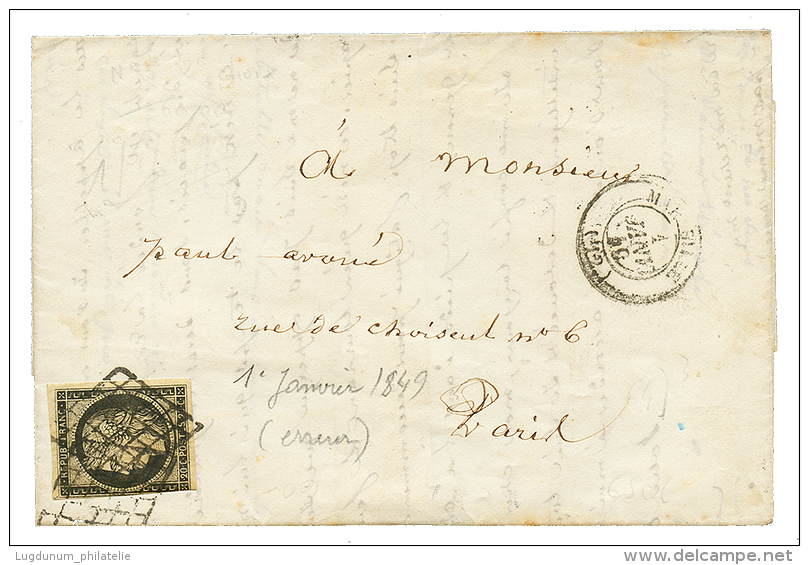 "Cachet Du 1 JANVIER 1849" : 20c Noirn(pd) Obl. Grille + T.15 MARSEILLE 1 JANVIER 49 Appos&eacute; Par Erreur(49 Au Lieu - Otros & Sin Clasificación