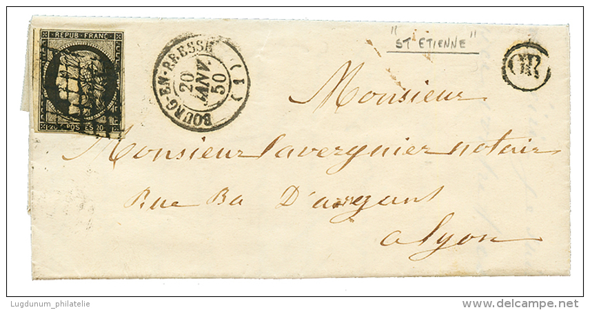 AIN : 1850 20c Noir(n&deg;3) TB Marg&eacute; Obl. Grille + T.15 BOURG-EN-BRESSE + OR Sur Lettre Avec Texte Dat&eacute; " - Other & Unclassified