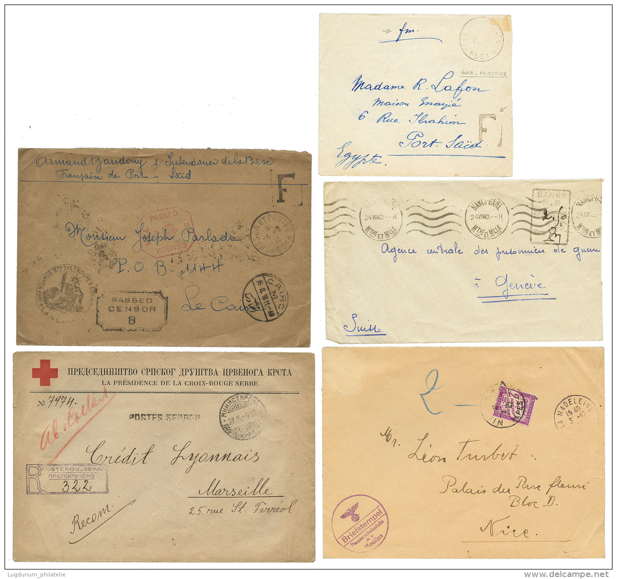 POSTE MILITAIRE : TB Lot De 5 Lettres Dont SP 601A PALESTINE, CROIX ROUGE SERBE. TTB. - Autres & Non Classés