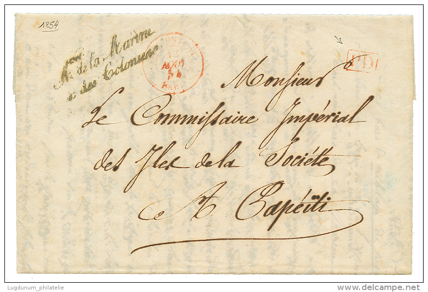 1854 Cachet De Franchise Mre De La MARINE ET DES COLONIES + PD Rouge Sur Lettre Pour TAHITI. Verso, BUREAU MARITIME LE H - Other & Unclassified