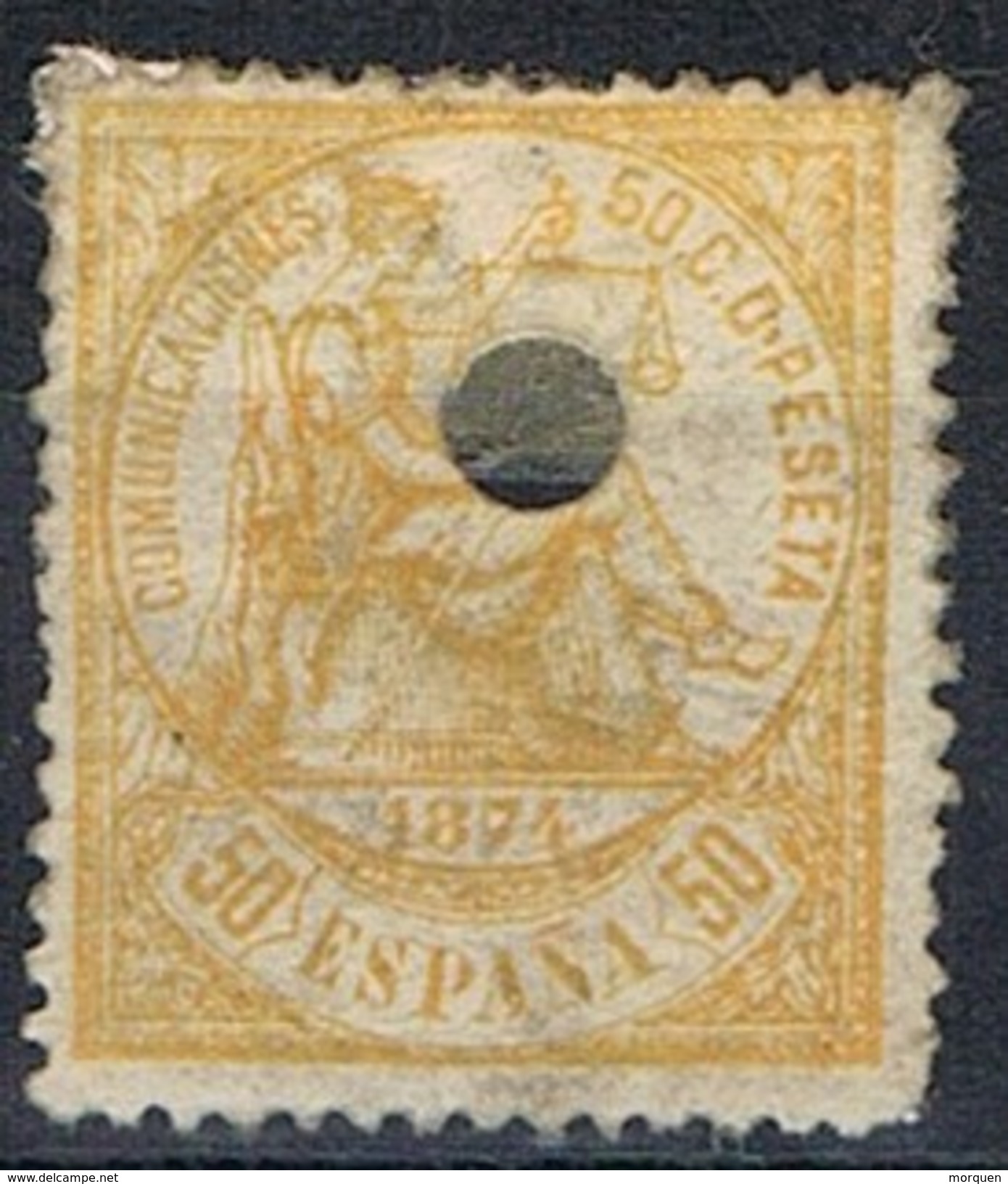 Sello 50 Pts Alegoria Justicia 1874, Perforado Telegrafico, Edifil Num 149T º - Used Stamps
