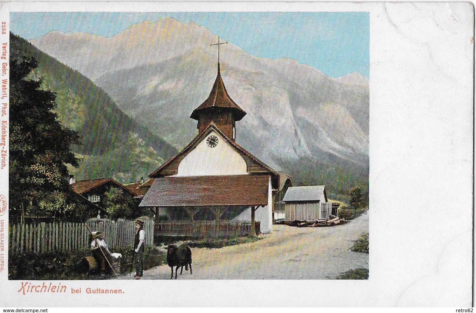 GUTTANNEN &rarr; Kirchlein Mit 2 Bauern Und Einem Schaf, Alte Lithokarte Ca.1900 - Guttannen