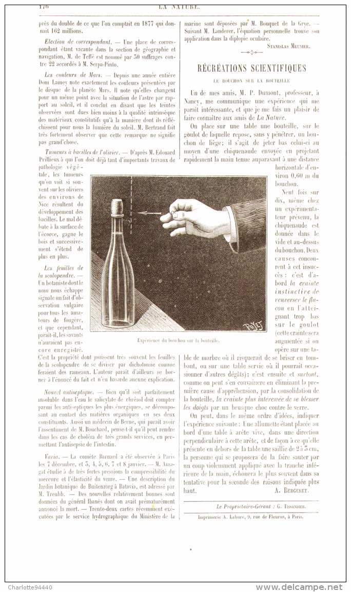 RECREATIONS SCIENTIFIQUES ( Experience Du Bouchon Sur La Bouteille )    1889 - Autres & Non Classés