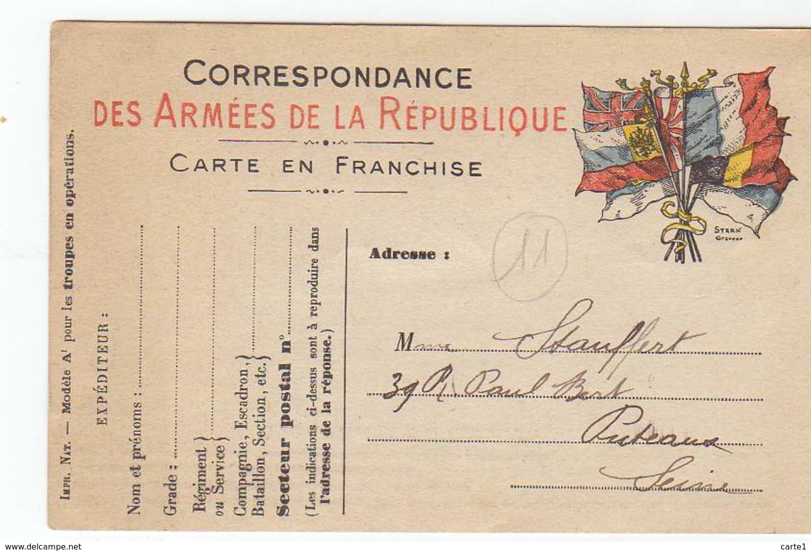 Carte Correspondance Des Armées De La République, Franchise, Drapeaux, Cachet,Stern Graveur, Militaire, Guerre, - Oorlog 1914-18