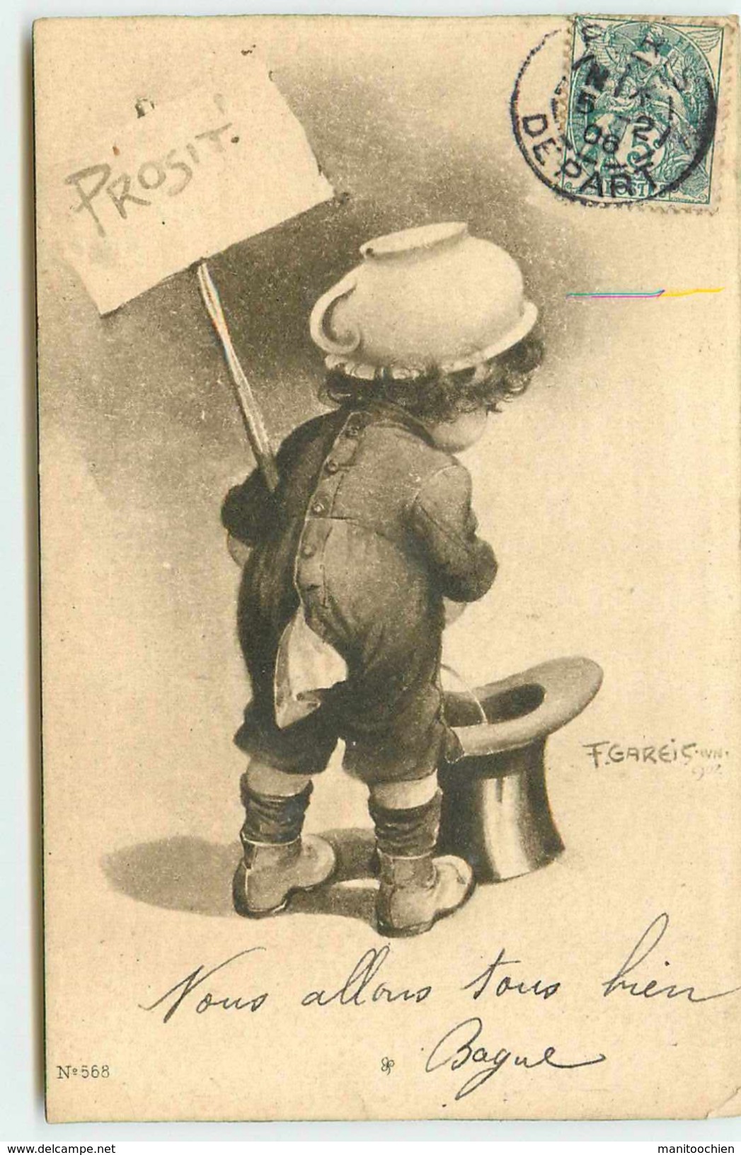 PAR F. GAREIS  EDITEUR S. B. VIENNE PROSIT ENFANT FAISANT PIPI DANS LE HAUT DE FORME AVEC SON POT DE CHAMBRE SUR LA TETE - Gareis, F.