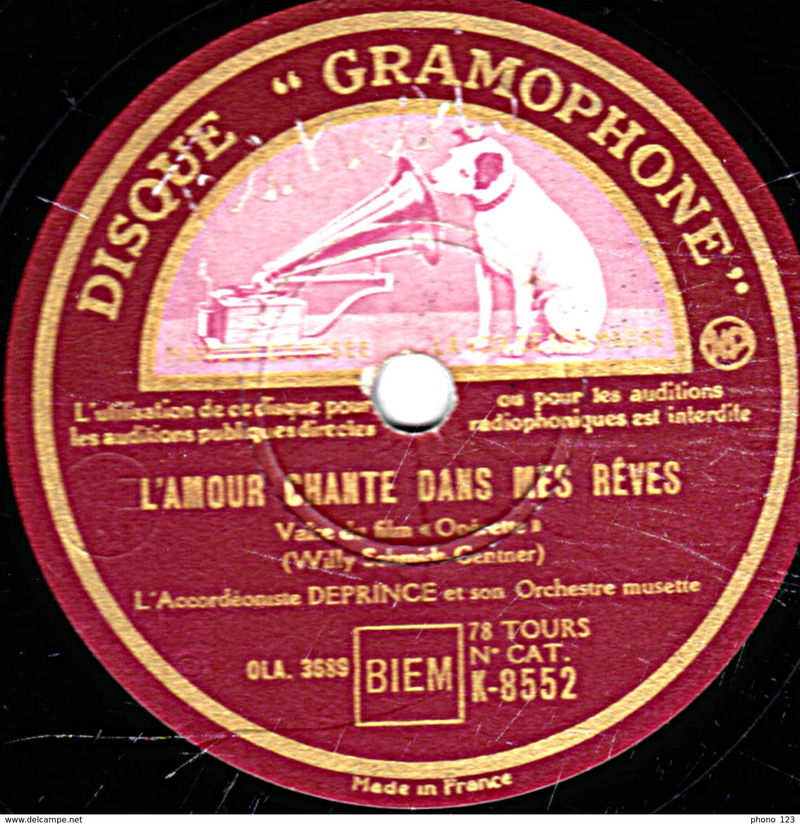 78 T. - 25 Cm - état B -  DEPRINCE Accordéon - L'AMOUR CHANTE DANS MES RÊVES - VIENS DEMAIN - 78 T - Disques Pour Gramophone