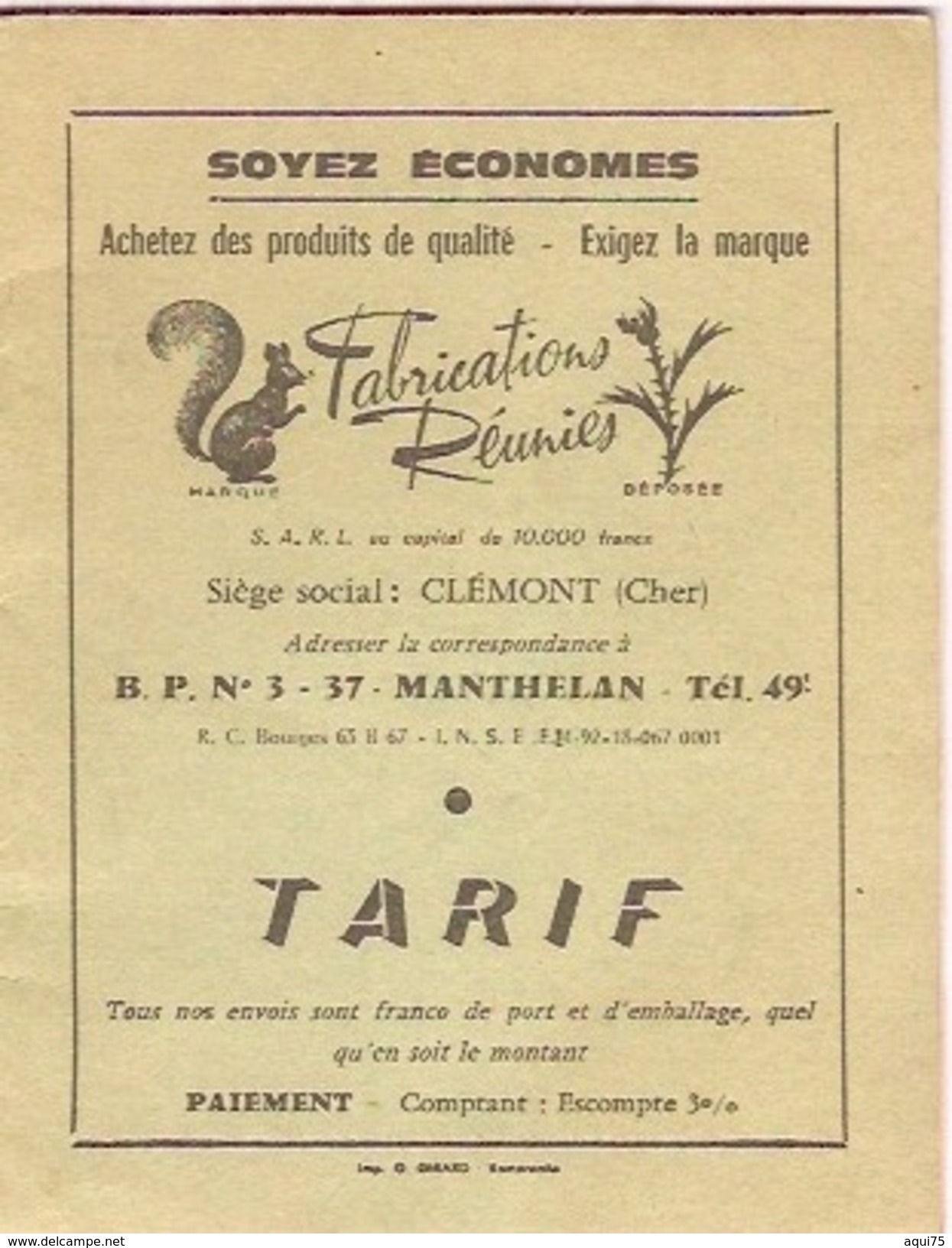 Petit Livret  TARIF Novembre 1966 Fournitures Gendarmerie  "Fabrications Réunies - Clémont