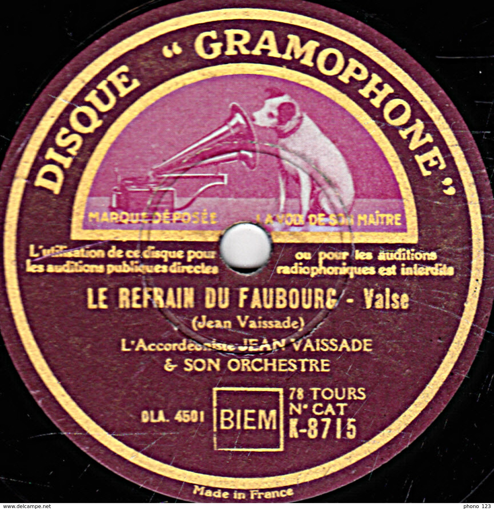 78 T. - 25 Cm - état B - JEAN VAISSADE - LE REFRAIN DU FAUBOURG - UNE FLEUR SUR L'OREILLE - 78 T - Disques Pour Gramophone