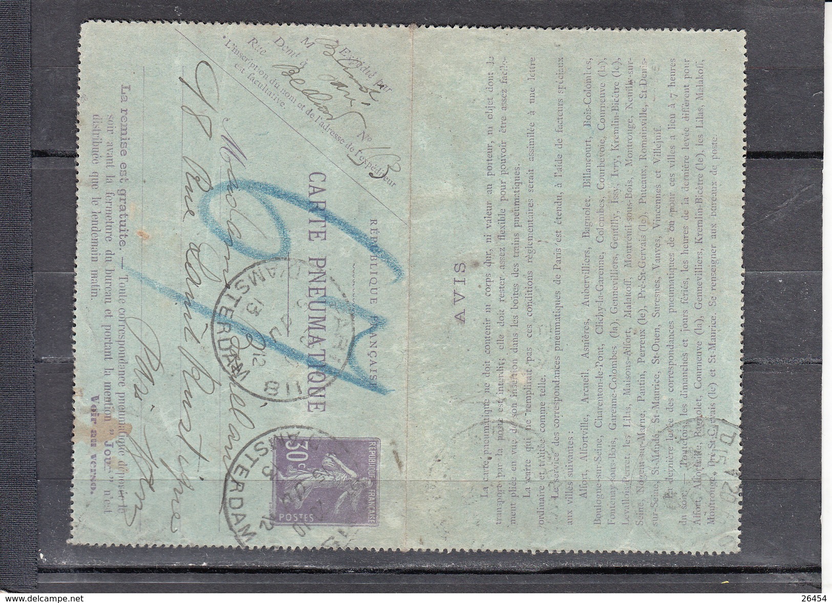 Carte-lettre PNEUMATIQUE Avec  Semeuse 30c Violet De PARIS 18  Le 15 12 1913  Pour PARIS - Pneumatische Post