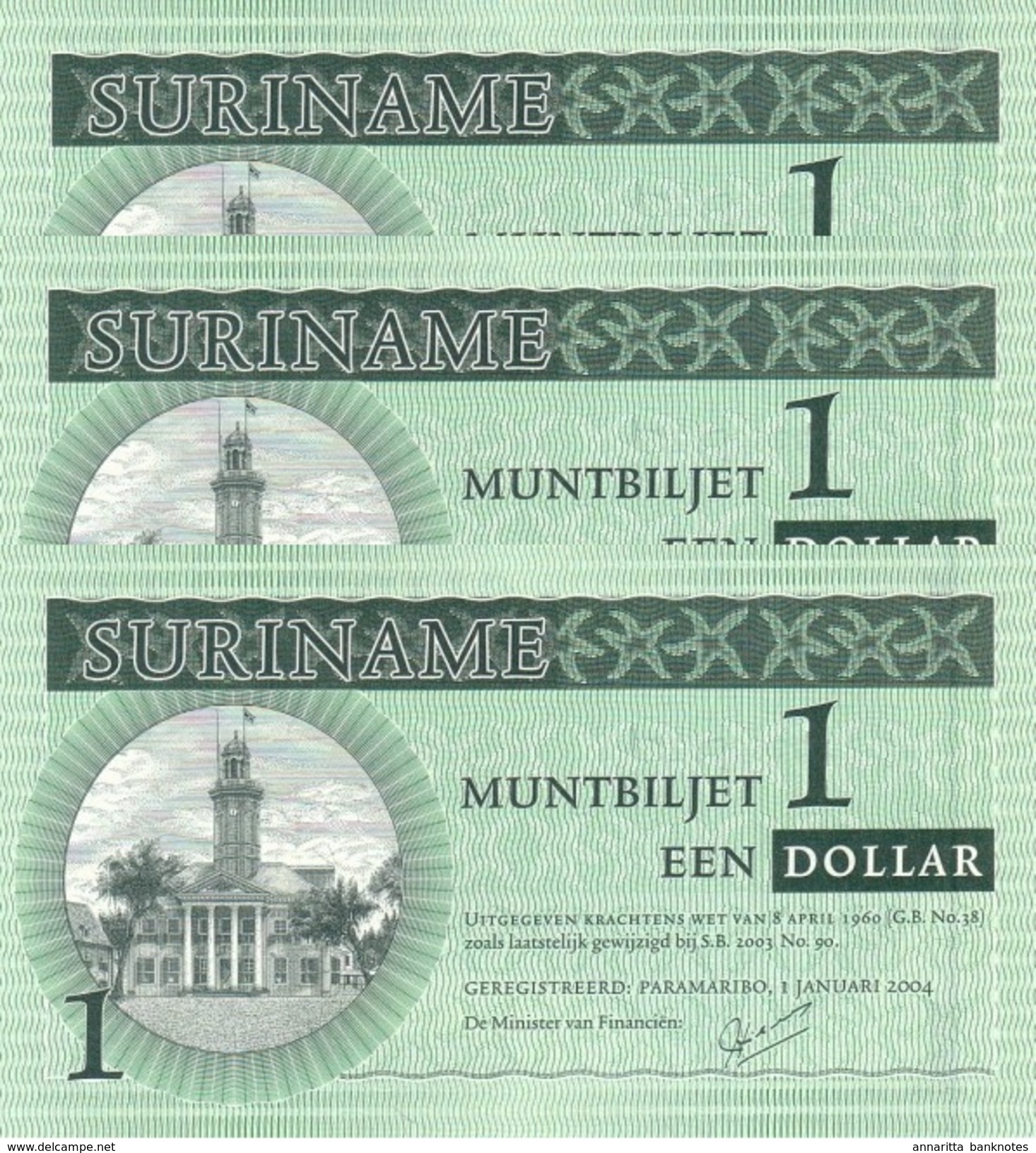 SURINAME 1 DOLLAR 2004 P-155a UNC 3 PCS  [SR155a] - Surinam