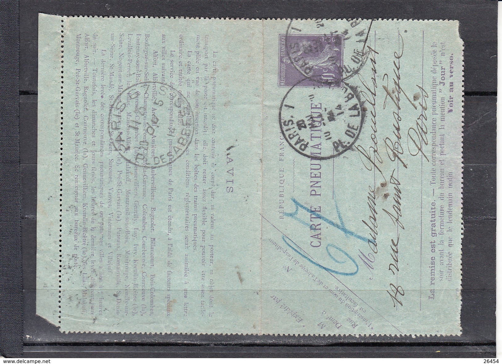 Carte-lettre PNEUMATIQUE Avec  Semeuse 30c Violet De PARIS 1  Le 20 MAI 1914 Pour PARIS - Neumáticos