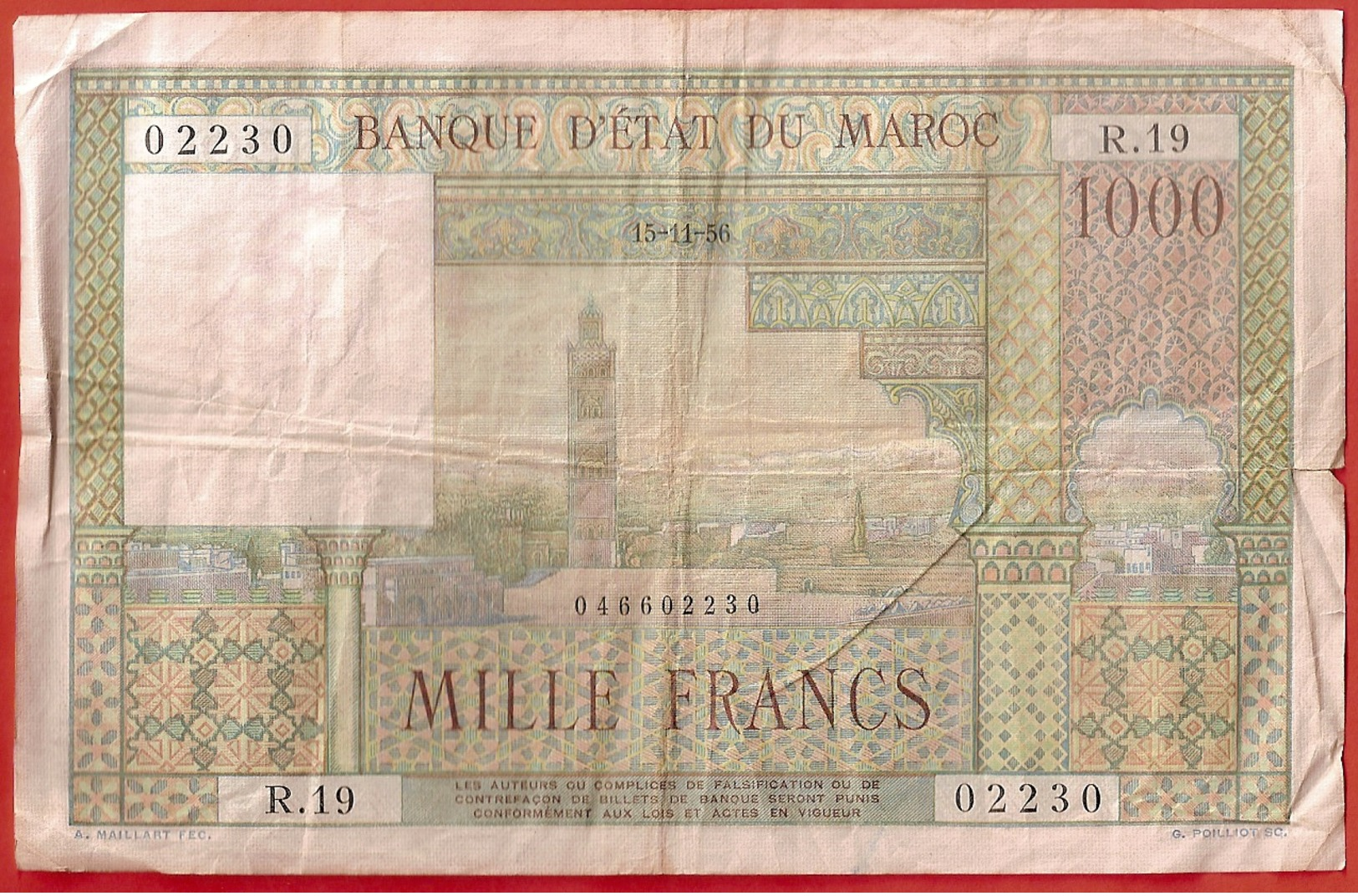 Billet 1000 Francs MAROC  15-11-56 - Marocco