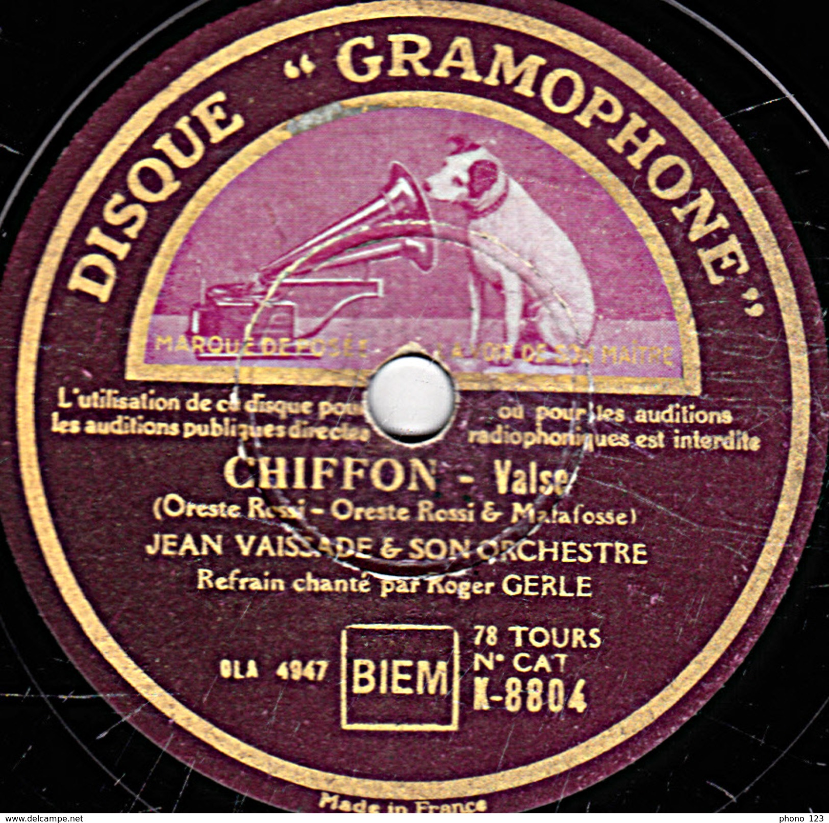 78 T. - 25 Cm - état B - JEAN VAISSADE Refrain Roger GERLE - LOULOU - CHIFFON - 78 T - Disques Pour Gramophone