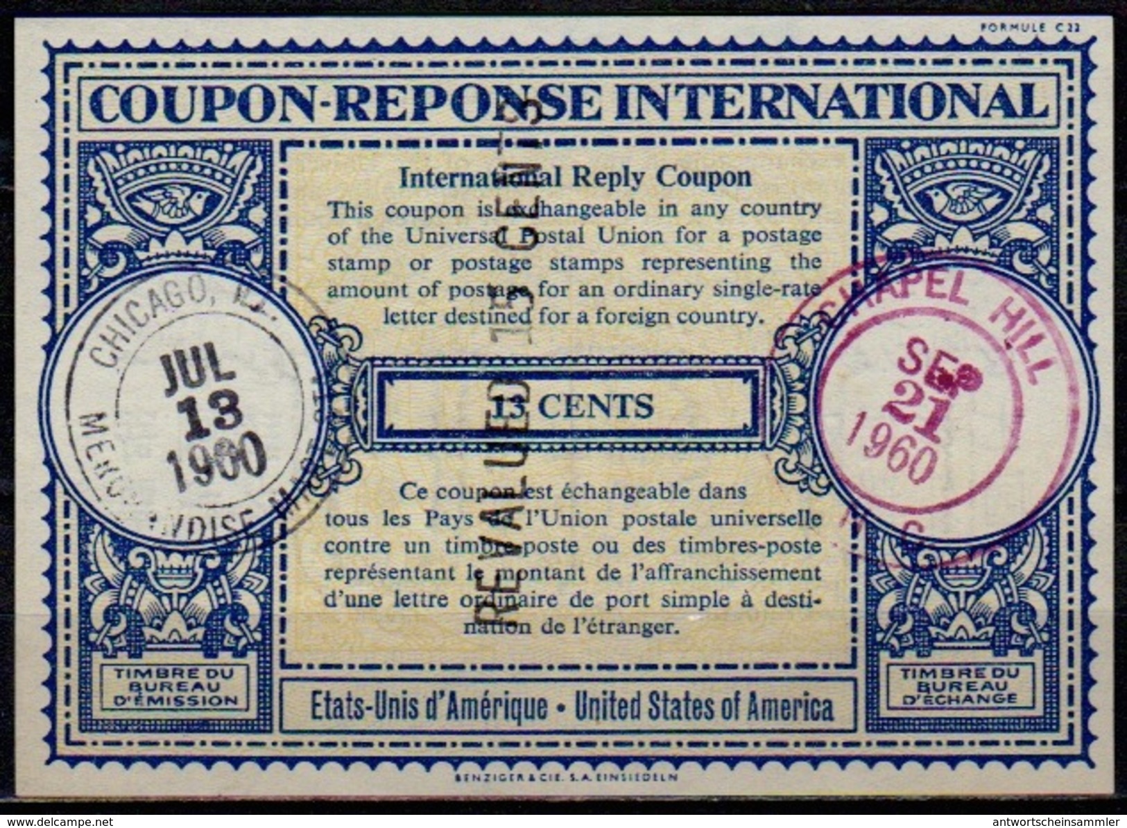 USA London Type XVIn 15 CENTS / 13 CENTS Int. Reply Coupon Reponse Antwortschein IRC CHICAGO 1960 Redeemed CHAPEL HILL - Sonstige & Ohne Zuordnung