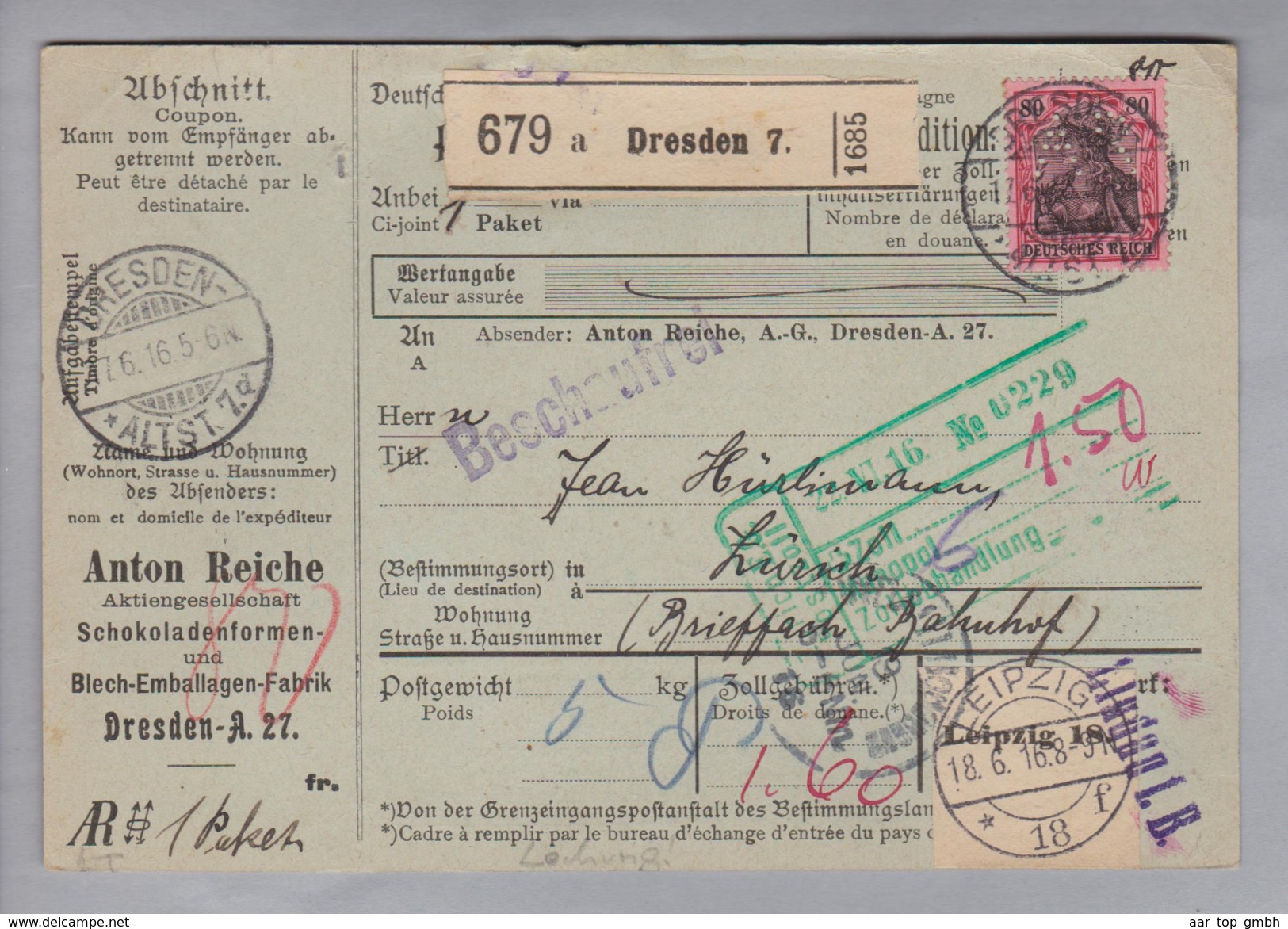 Motiv Schokolade DR 1916-06-17 Dresden Paketkarte 80 Pf. Perfin "AR" Anton Reiche Schokoladenformen - Alimentazione