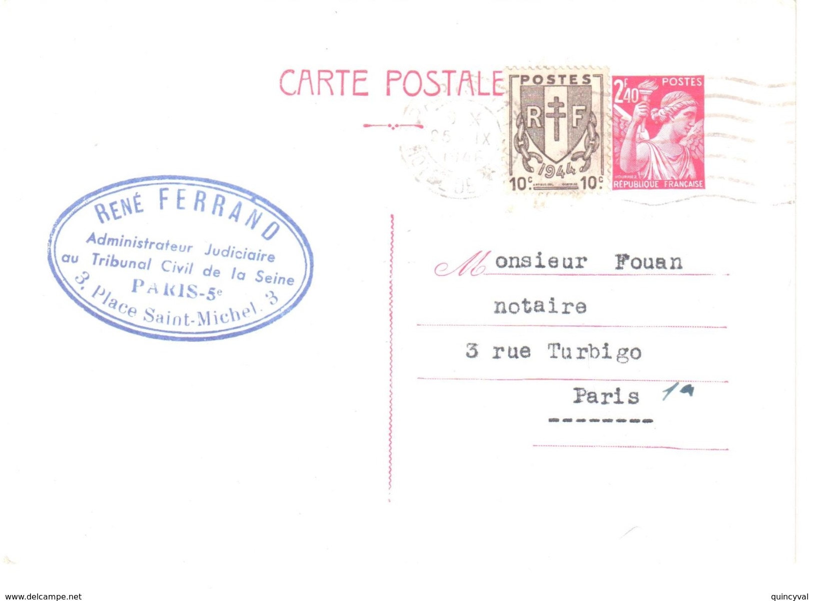 3807 PARIS 113 Carte Postale Entier Iris 2,40 F Yv 654 CP1+ Chaînes Brisées 10 C Yv 670 Ob 1946 - Storia Postale