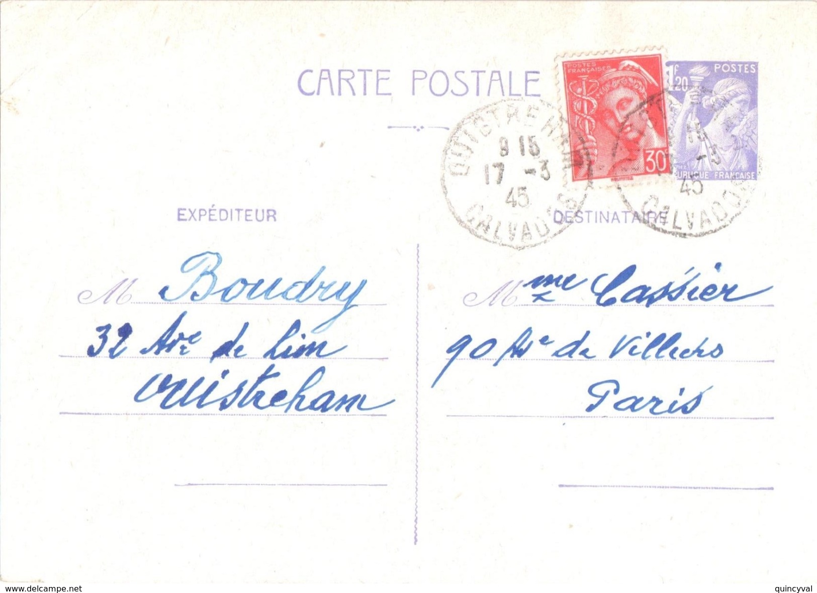 3808 OUISTREAM Calvados Carte Postale Entier Iris 1,20 F Yv 651 CP1 + Marcure 30 C  Yv 547 Ob 1945 - Cartas & Documentos