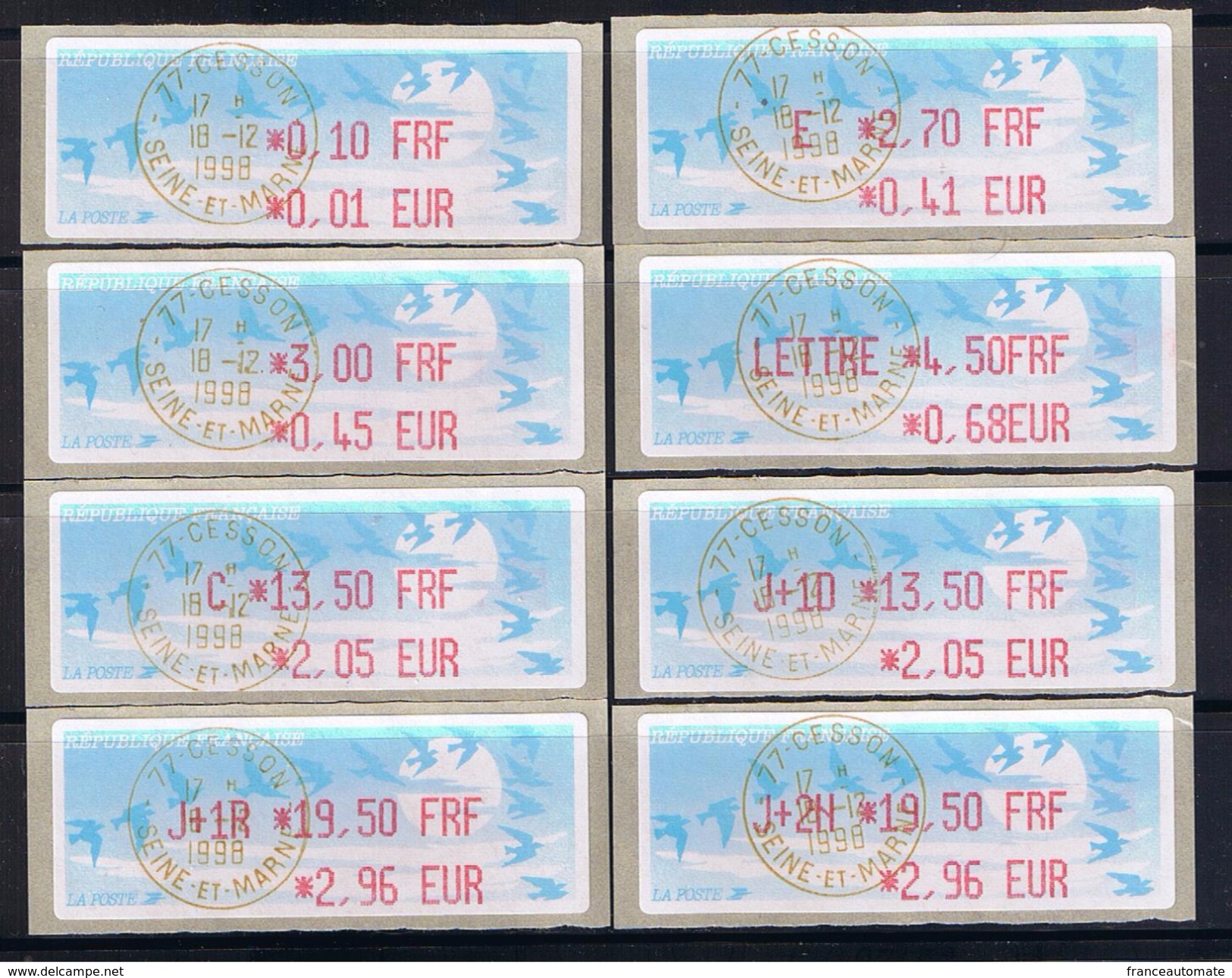 8 ATMs, LISA1, OBLITERE 18/12/1998, 77 CESSON, VARIETE, SUR LA PARITE FRF/EUR 6.59. PAPIER JUBERT. - 1990 Type « Oiseaux De Jubert »