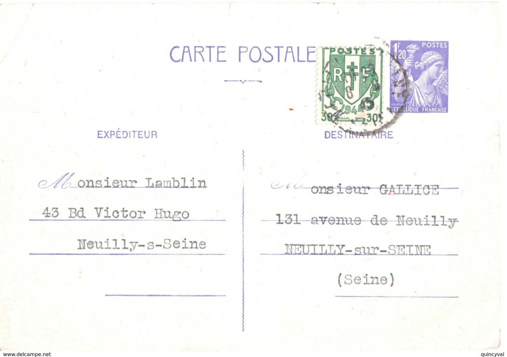 3809 NEUILLY Carte Postale Entier Iris 1,20 F Yv 651 CP1+ Chaînes Brisées 30 C  Yv 671 Ob 1945 - Lettres & Documents