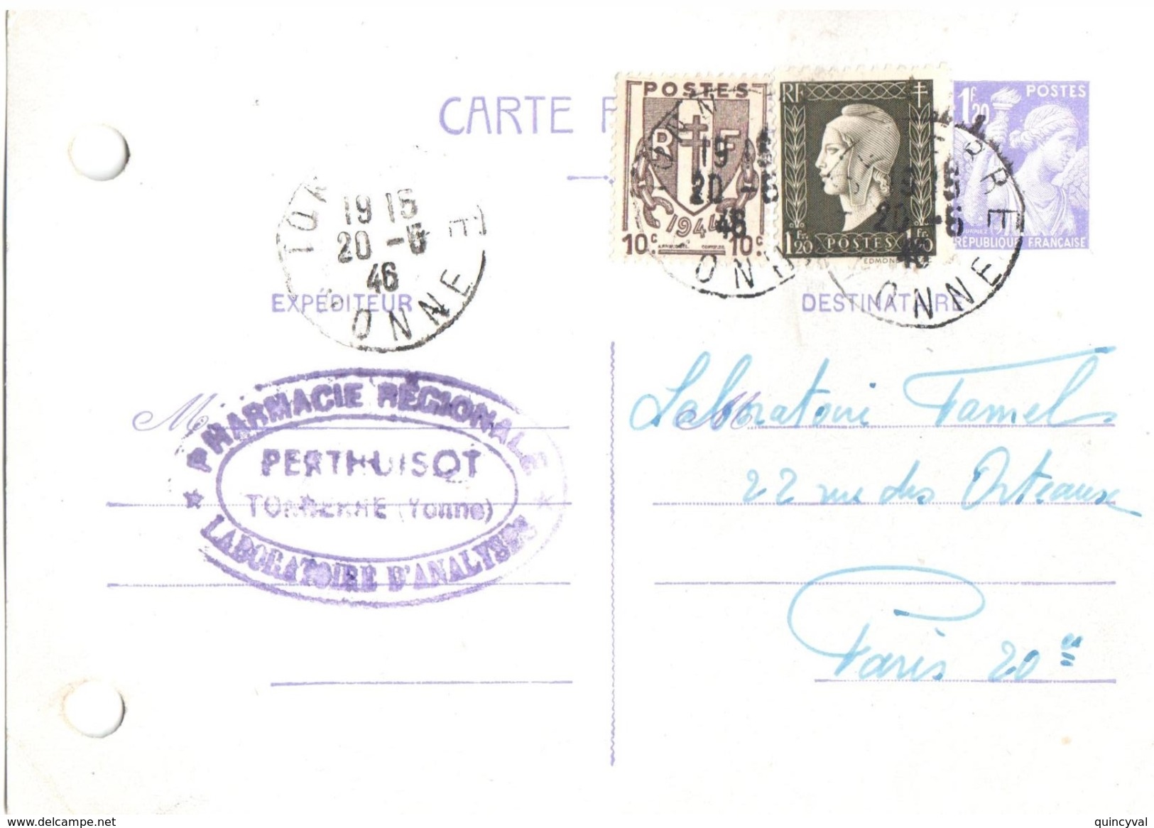 3811 TONNERRE Yonne  Carte Postale Entier Iris 1,20 F Yv 651 CP1+ Chaînes Brisées 10 C Dulac 1,20 F Yv 690 670 Ob 1946 - Cartas & Documentos