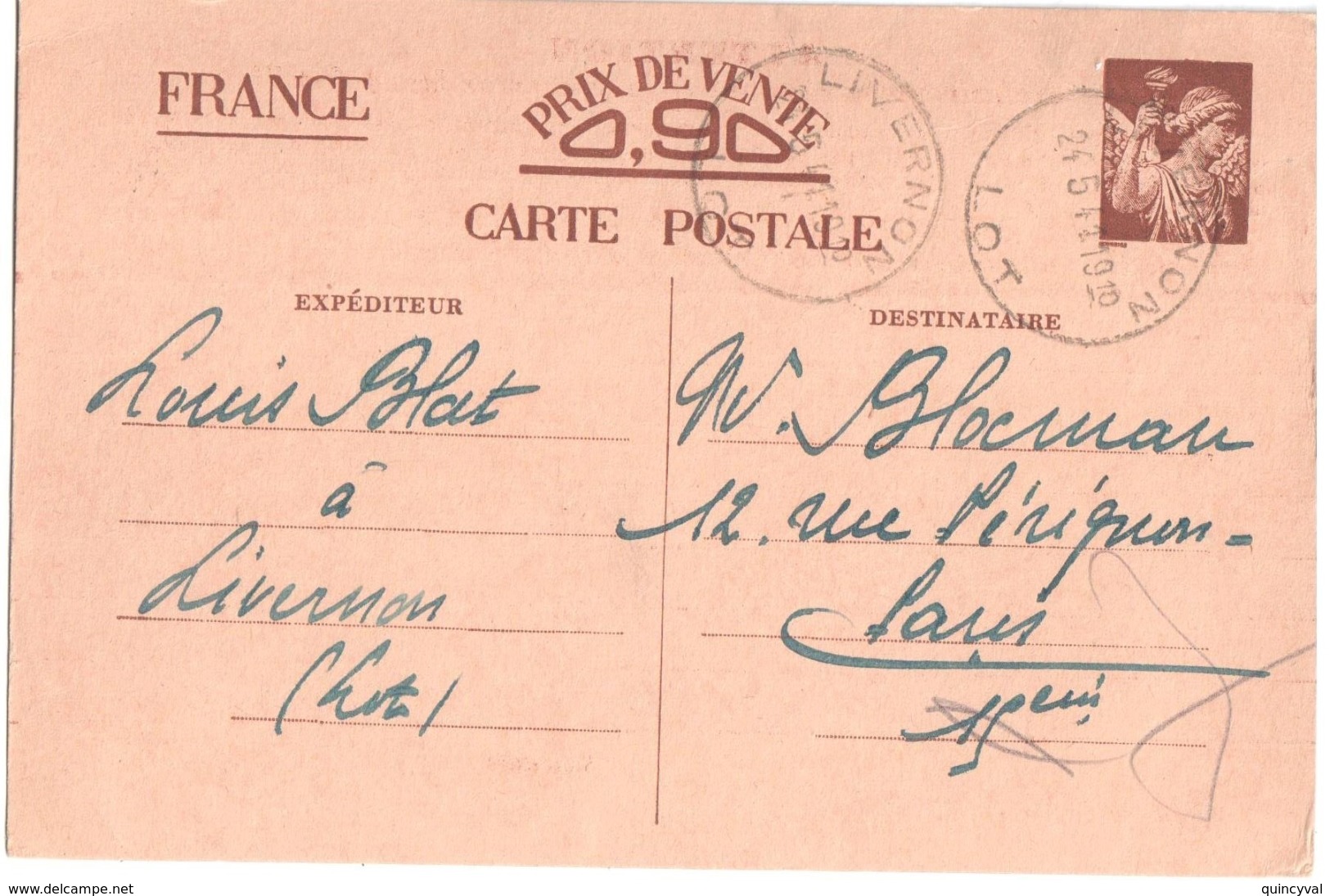 3810 LIVERNON Lot Carte Postale Entier Iris SANS VALEUR-CP2 Ob 1941 Bureau De Recette Lautier A5 Bis - Briefe U. Dokumente